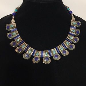 Indian Blue + Silver Bead Bib Necklace Mumbai 18”